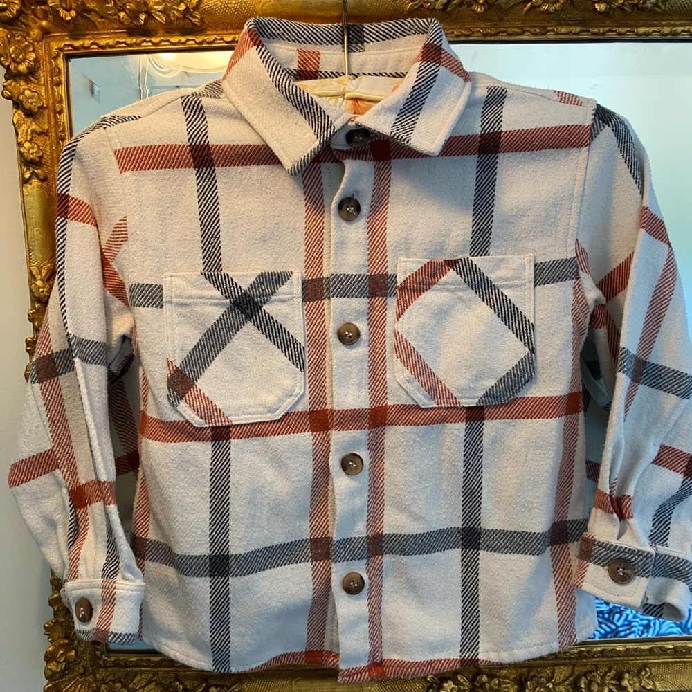 Zara Kids Beige and Red Plaid Button-Down Shirt